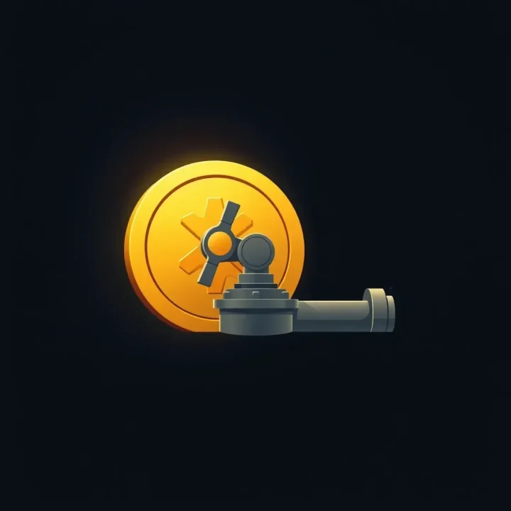 Hình minh họa tối giản về một đồng xu vàng phát sáng có hình dạng giống tay cầm van steam trên nền tối.