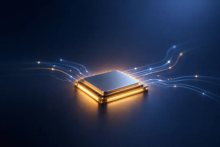 Một con chip vi xử lý phát sáng với những luồng ánh sáng tinh tế tượng trưng cho mã đã lưu vào bộ nhớ đệm đang chạy qua hệ thống dịch thuật ARM.