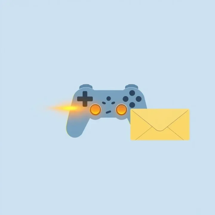 Minh họa tối giản theo chiều ngang mô tả biểu tượng tay cầm chơi game đang mờ dần thành một phong thư pháp lý màu vàng trên nền xanh nhạt.