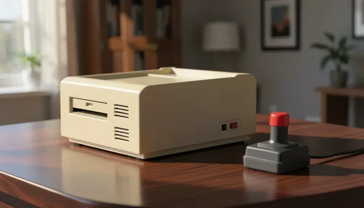 Lớp vỏ máy tính cá nhân màu be kiểu breadbin từ thập niên 1980 đặt trên bàn gỗ óc chó tối màu bên cạnh cần điều khiển màu xám đậm có nút bấm màu đỏ.