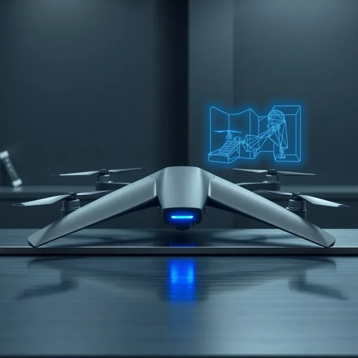 Minh họa biên tập cho thấy một cánh drone màu xám graphite mờ hiện đại đặt trên bàn làm việc kim loại trong cơ sở kỹ thuật màu đá phiến tối.