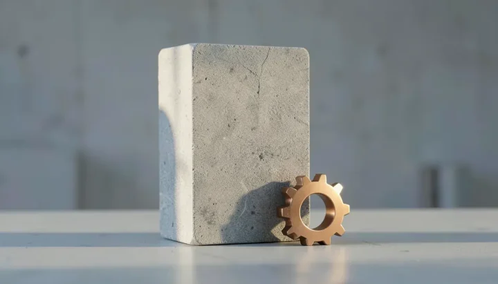 Một xưởng làm việc tối giản có khối đá granite xám đặt thẳng đứng và một bánh răng bằng đồng được đánh bóng dưới ánh sáng buổi sáng dịu nhẹ.