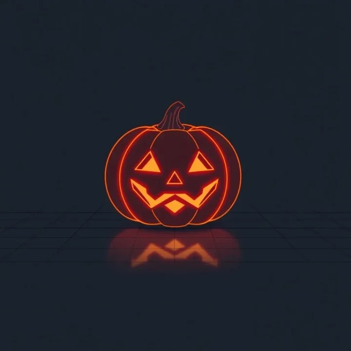 Mô hình quả bí ngô Halloween bằng đường nét hình học neon phát sáng màu cam trên bề mặt lưới kỹ thuật số tối màu.