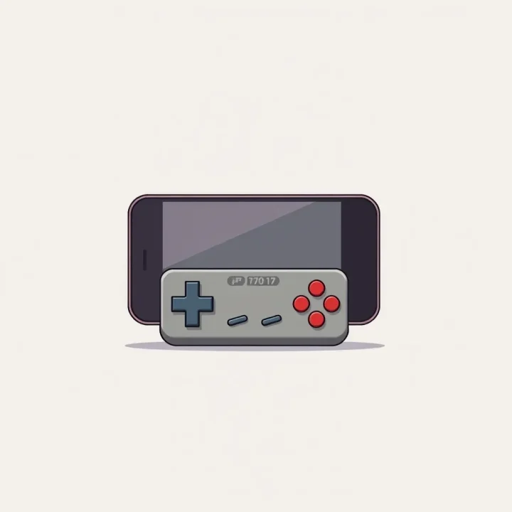 Một điện thoại thông minh hiện đại gắn tay cầm chơi game retro nhỏ gọn có thể gập xuống, trong minh họa biên tập ngang với bố cục sạch sẽ.