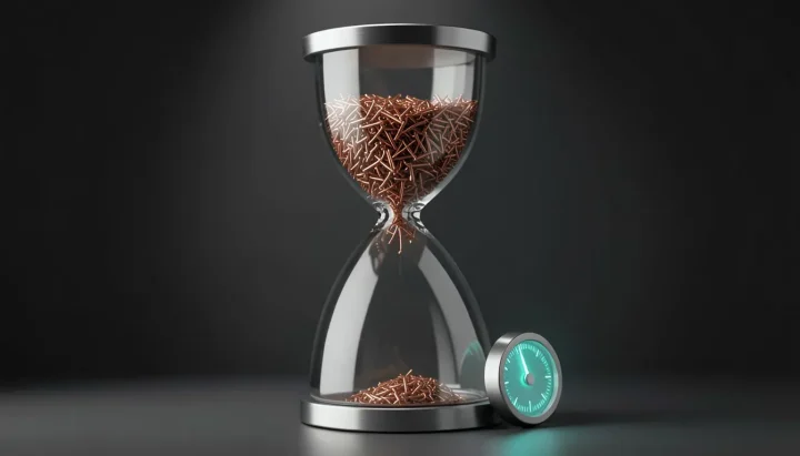 Một chiếc đồng hồ cát bằng thủy tinh ở chính giữa chứa đầy các bánh răng đồng nhỏ làm nghẽn phần cổ hẹp, đặt trên nền xám đậm với đồng hồ chỉ báo màu xanh lơ.