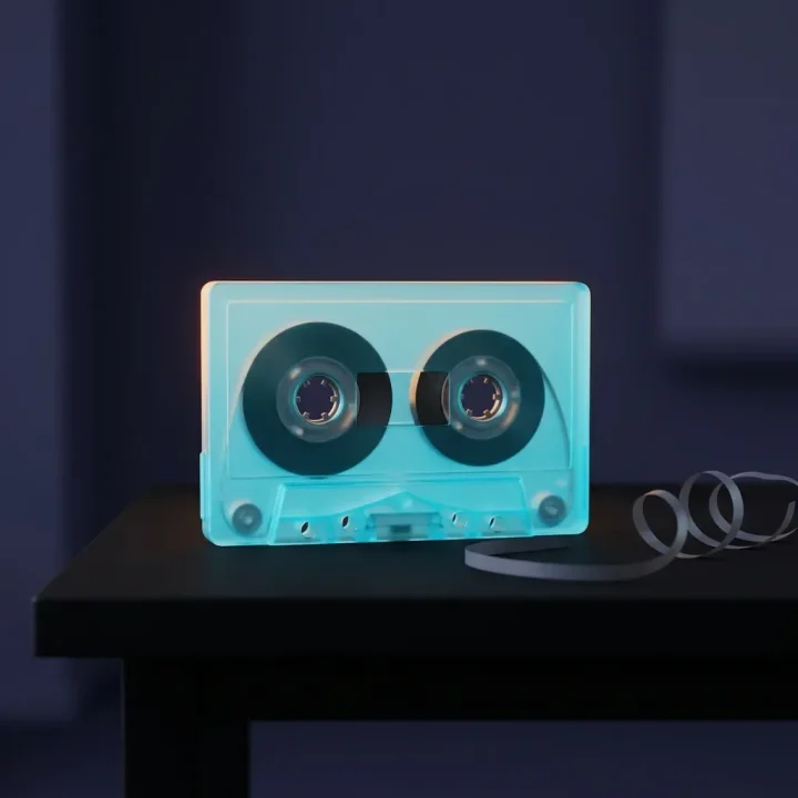 Một cuộn băng cassette bằng thủy tinh mờ phát sáng màu xanh lam đặt trên mặt bàn màu đen nhám dưới ánh đèn viền ấm áp.