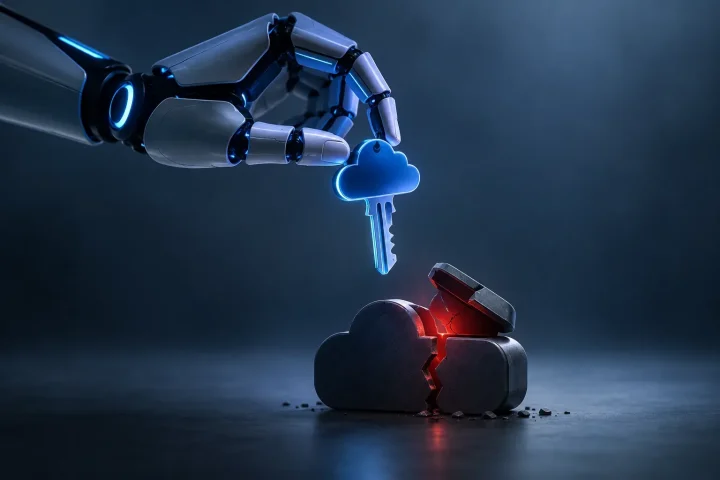 Minh họa biên tập về một bàn tay robot phát sáng đang cầm chiếc chìa khóa hình đám mây phía trên một thùng lưu trữ bị nứt vỡ.