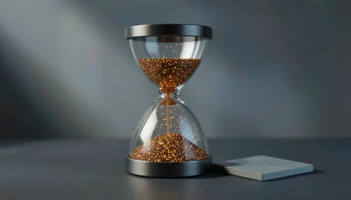 Một hình minh họa biên tập gồm chiếc đồng hồ cát bằng thép chứa các hạt kỹ thuật số màu hổ phách phát sáng bên cạnh một ô gốm xám trong bối cảnh studio tối giản.