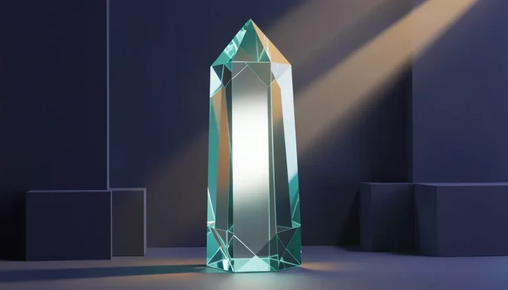 Một lăng kính thủy tinh màu xanh ngọc lam trong suốt lớn phản chiếu và phân tách ánh sáng trên nền các hình khối hình học màu chàm đậm và điểm nhấn màu hổ phách.