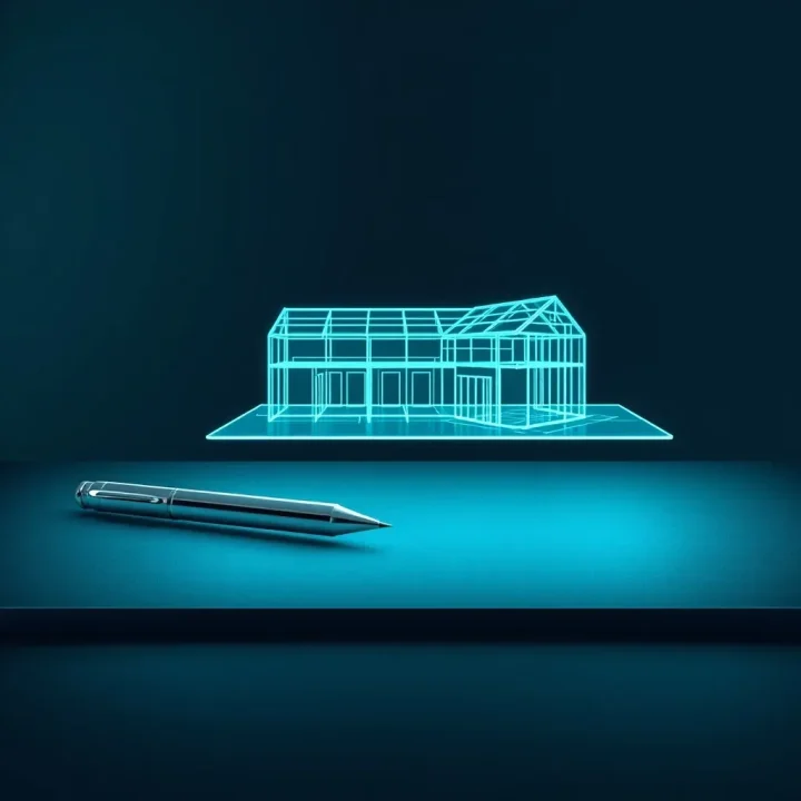 Mô hình bản vẽ kiến trúc màu xanh ngọc lam trong suốt phát sáng lơ lửng trên bàn làm việc đá graphite cạnh một bút cảm ứng mạ chrome bóng.